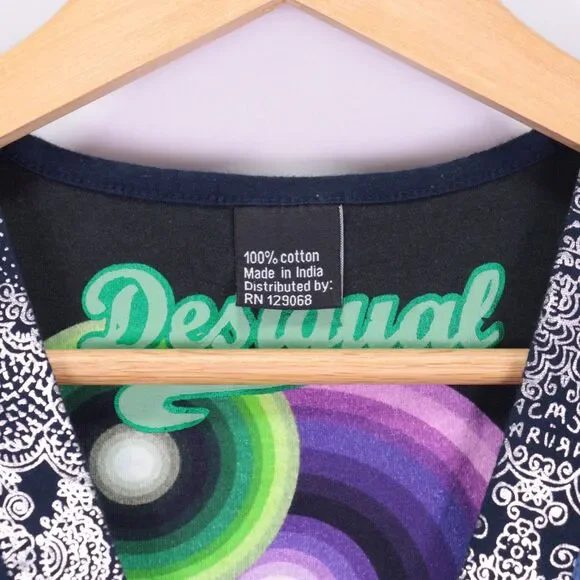 Y2K Desigual Dress Women EU L/US Medium Mixed Print Blue Graphic Silver V Neck - Picture 5 of 10